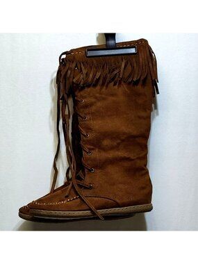Charlotte Russe Knee High Fringe Boots Size 6 Faux Suede Zipper Lace-Up Detail